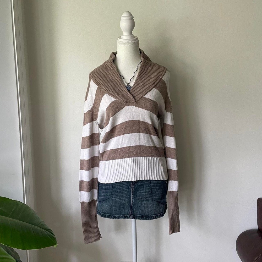 Y2K American Eagle Striped Cowl Neck Sweater Womens Sz L Brown/White Indie